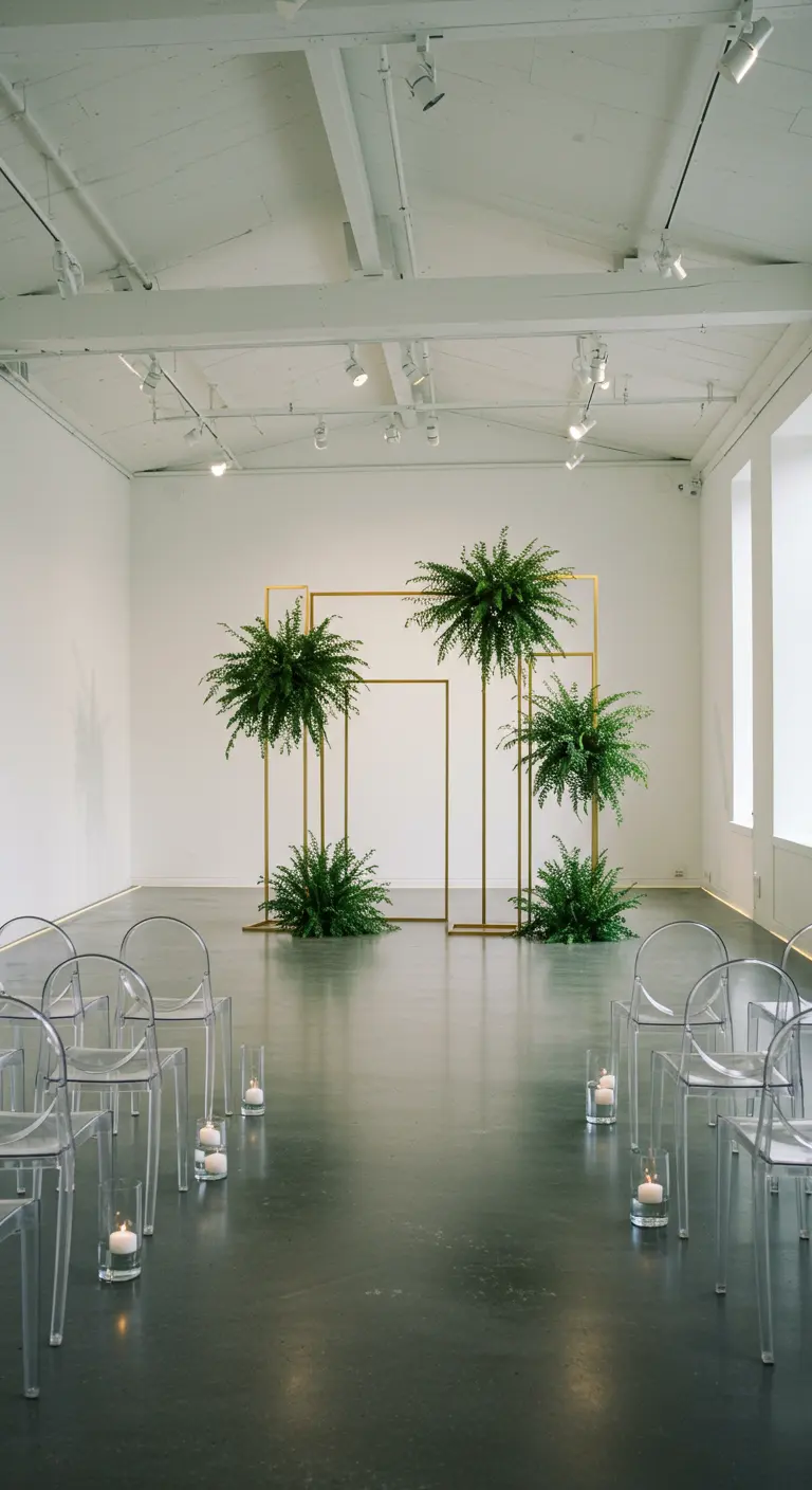 Minimalistische trouwceremonie met gouden frames, varens, transparante stoelen en kaarsen.