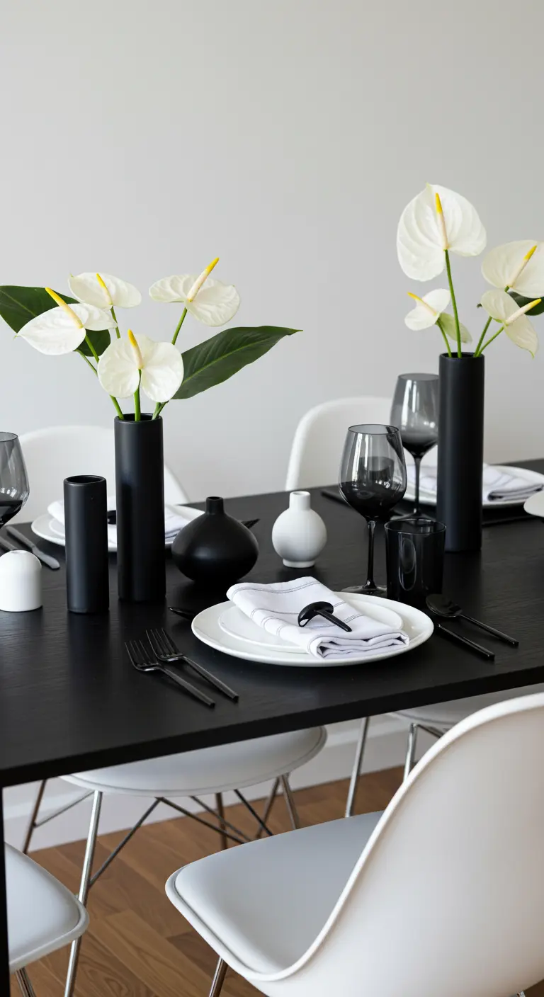 Modern gedekte tafel in zwart-wit met witte anthuriums en designstoelen.