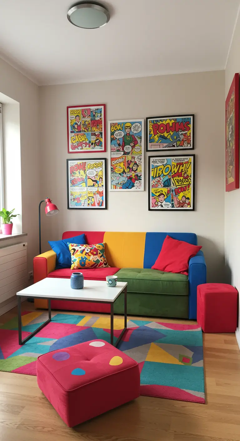 Verzameling kleurrijke pop art prints in diverse formaten aan een muur boven een kleurrijke bank.