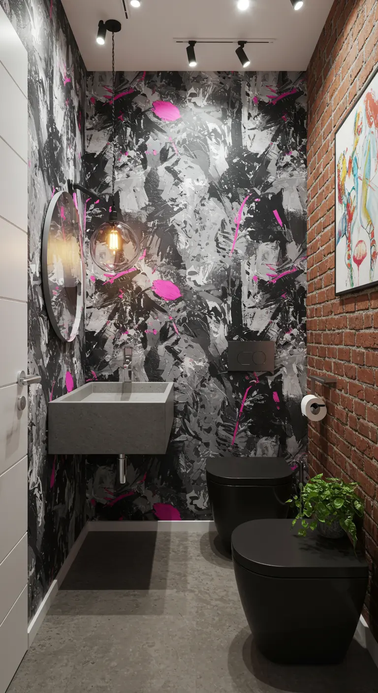 Toilet met abstract zwart-wit-roze behang en bakstenen muur