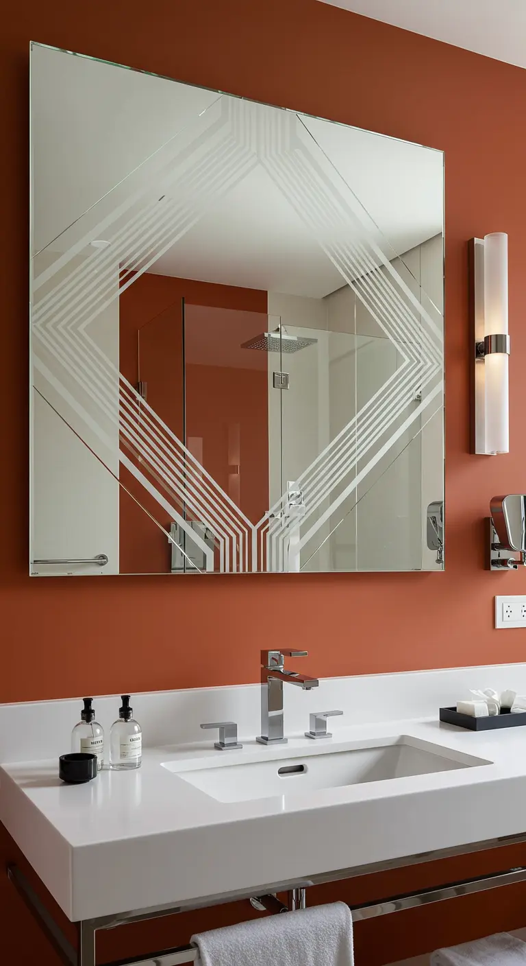 Vierkante spiegel met geëtst geometrisch patroon op terracotta-rode muur.