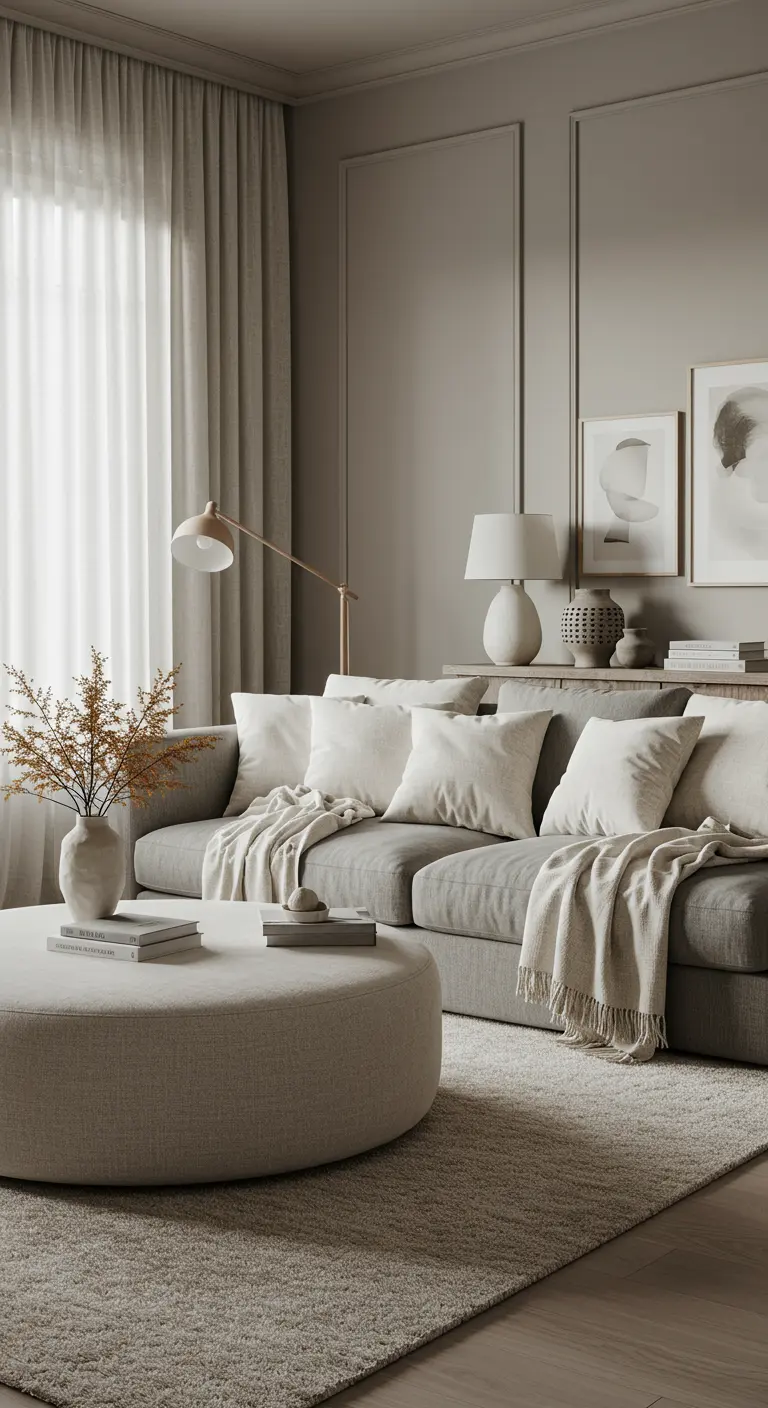 Moderne woonkamer in zwart, wit en grijs met grafische muurschildering en patroonstoelen.