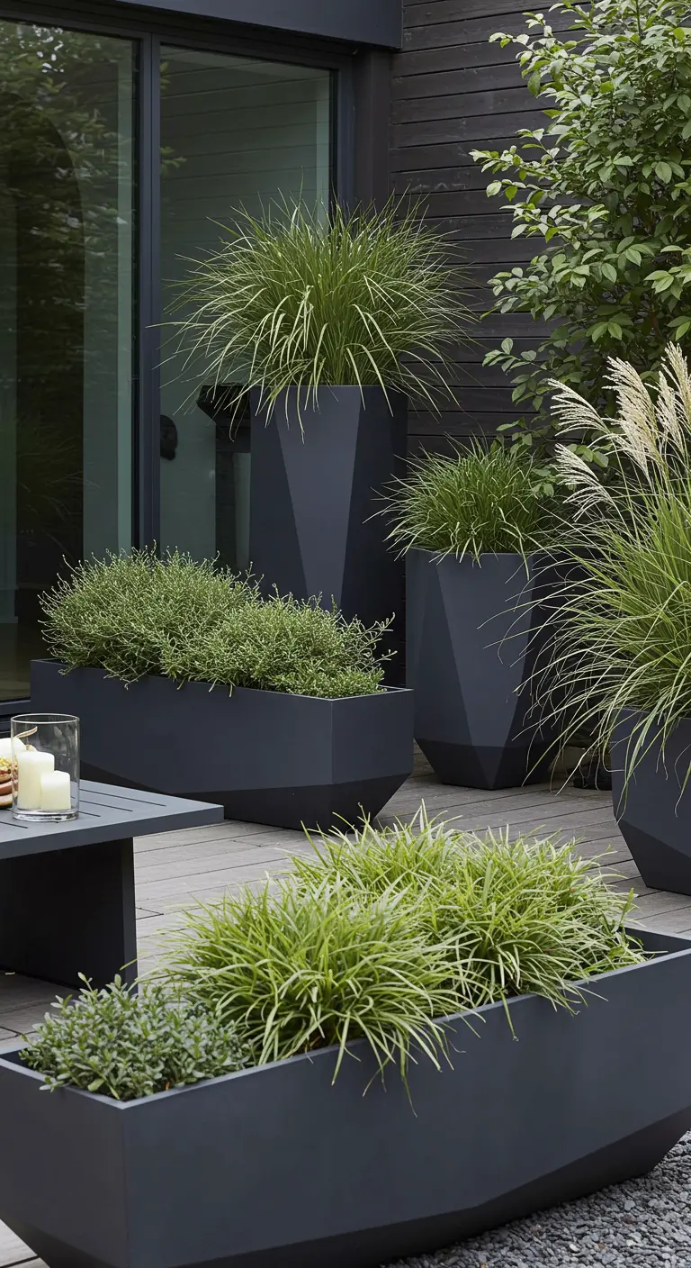 Moderne, geometrische donkergrijze plantenbakken met siergrassen op een houten vlonderterras.
