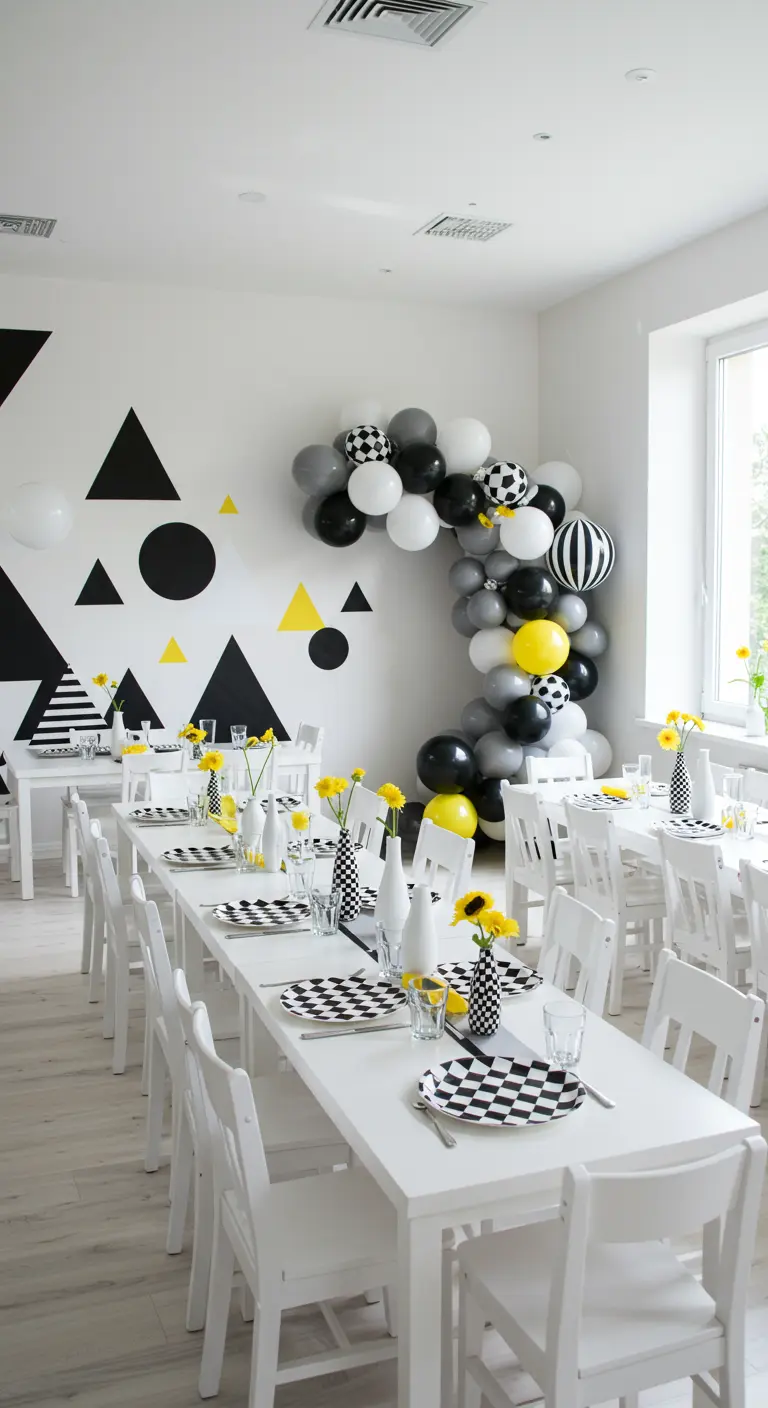 Kinderverjaardag decoratie met zwart-wit-geel geometrisch thema en ballonnenboog.