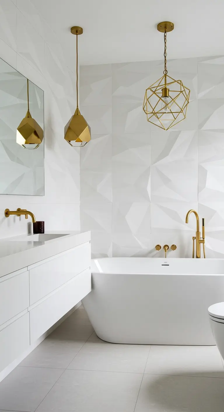 Witte badkamer met geometrische 3D wandtegels en gouden kranen en lampen.