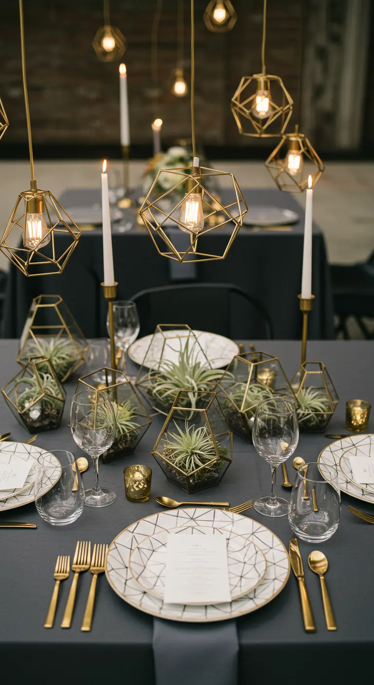 Tafelsetting met geometrische gouden hanglampen, terrariums en goudkleurig bestek.