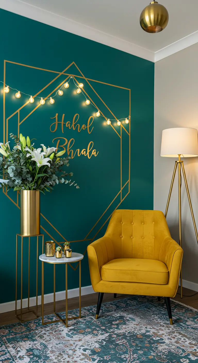 Moderne verjaardagshoek met teal muur, gouden geometrische lijnen, okergele fauteuil en lelies.