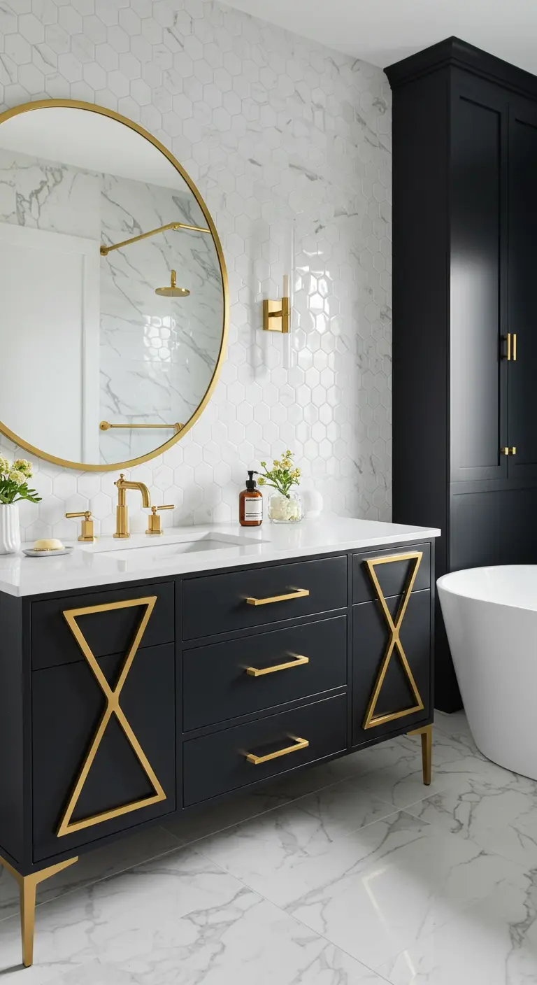 Zwart wastafelmeubel met gouden geometrische details, witte hexagon tegels en ronde gouden spiegel.