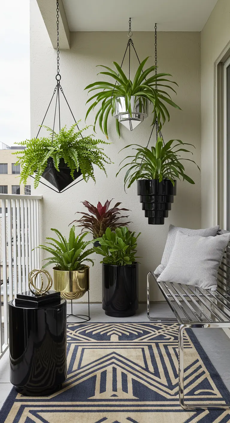 Moderne hangpotten in zwart, zilver en goud met groene planten op een design balkon.