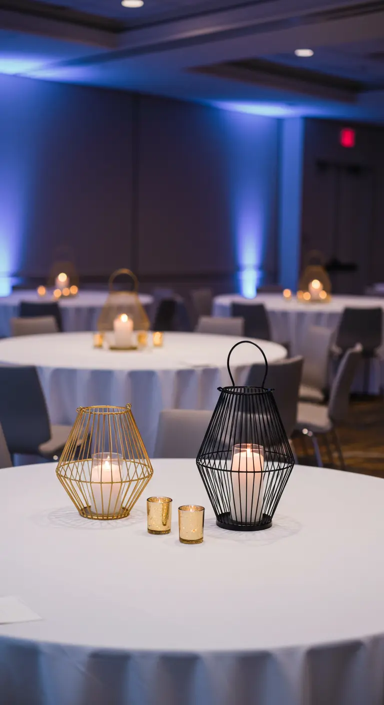 Witte tafels met geometrische gouden en zwarte metalen lantaarns met kaarsen.