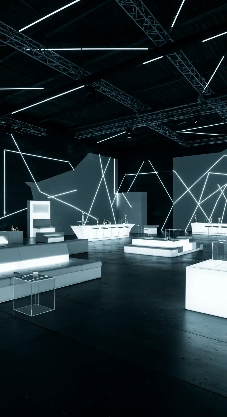 Donkere ruimte met witte, geometrische LED-lichtlijnen en modern meubilair.