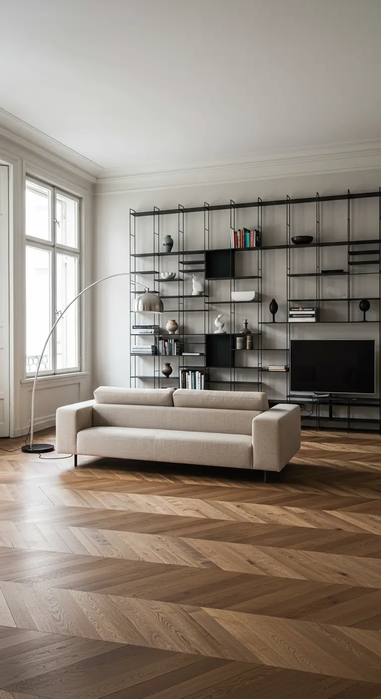 Ruime woonkamer met minimalistische bank en groot zwart metalen wandsysteem.