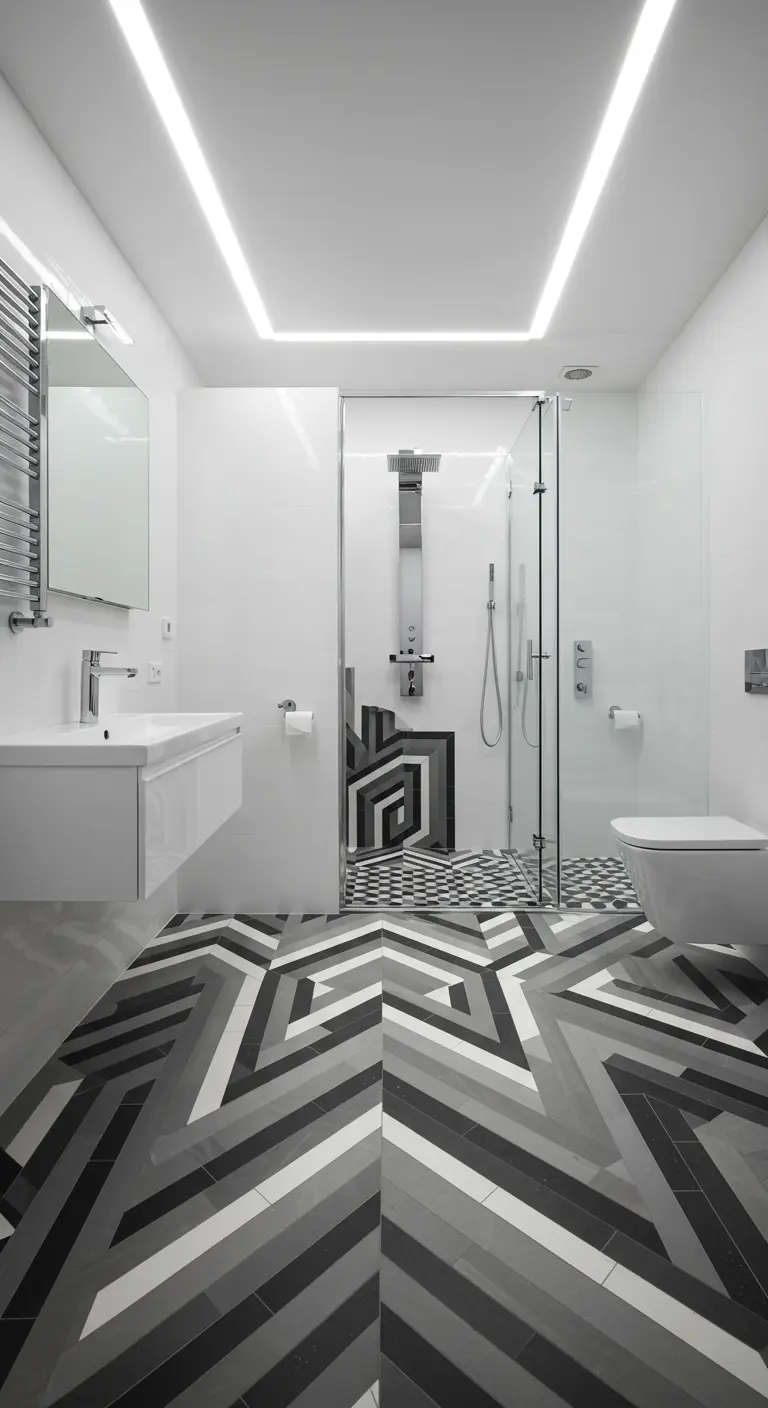 Badkamer met een opvallende zwart-wit-grijze geometrische tegelvloer die een optische illusie creëert.