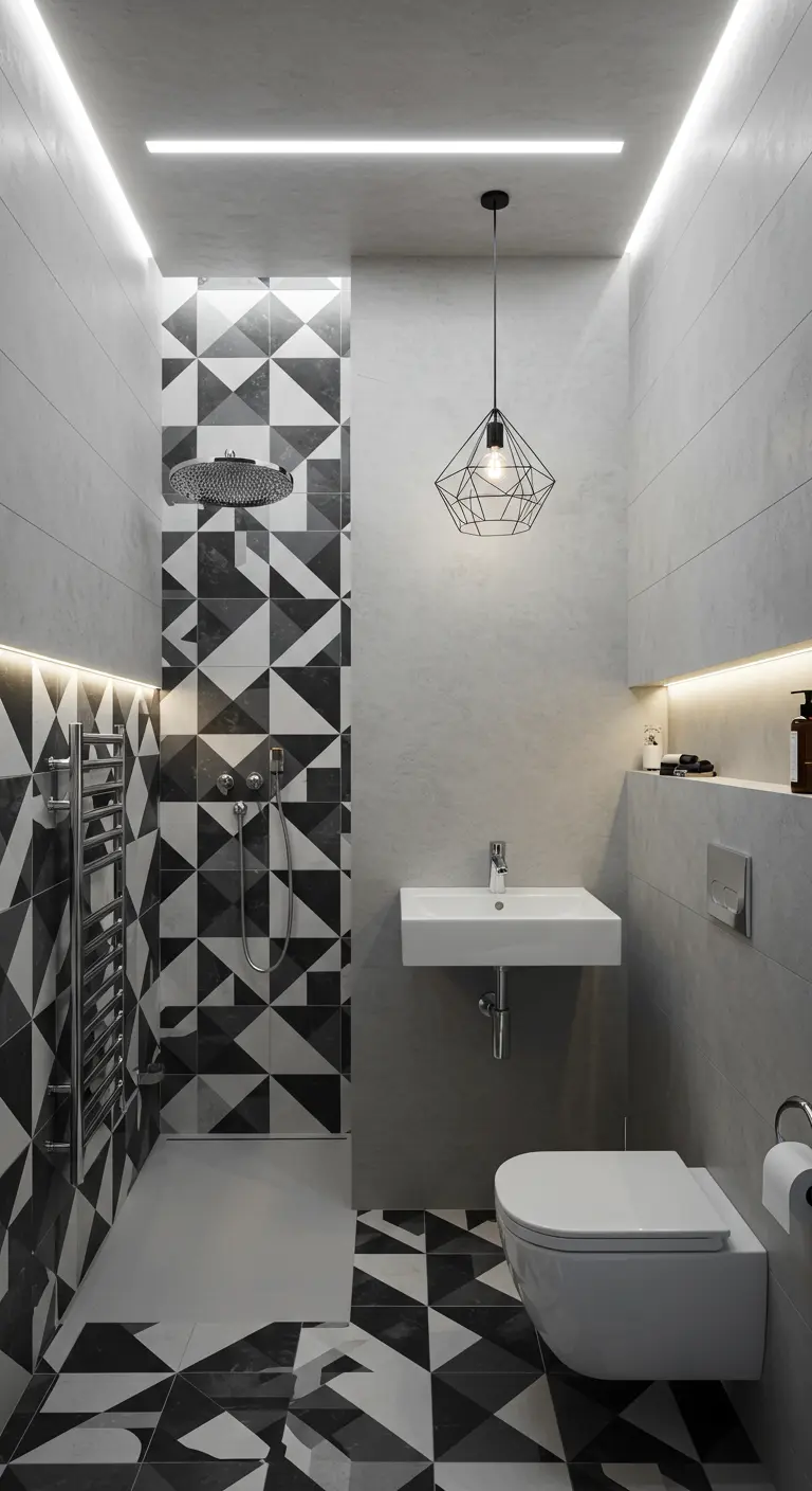 Moderne badkamer met geometrische zwart-witte mozaïektegels en strakke inrichting