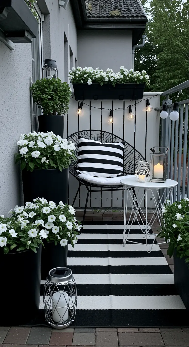 Stijlvol balkon in zwart-wit met metalen designstoel, gestreept kleed en witte bloemen.
