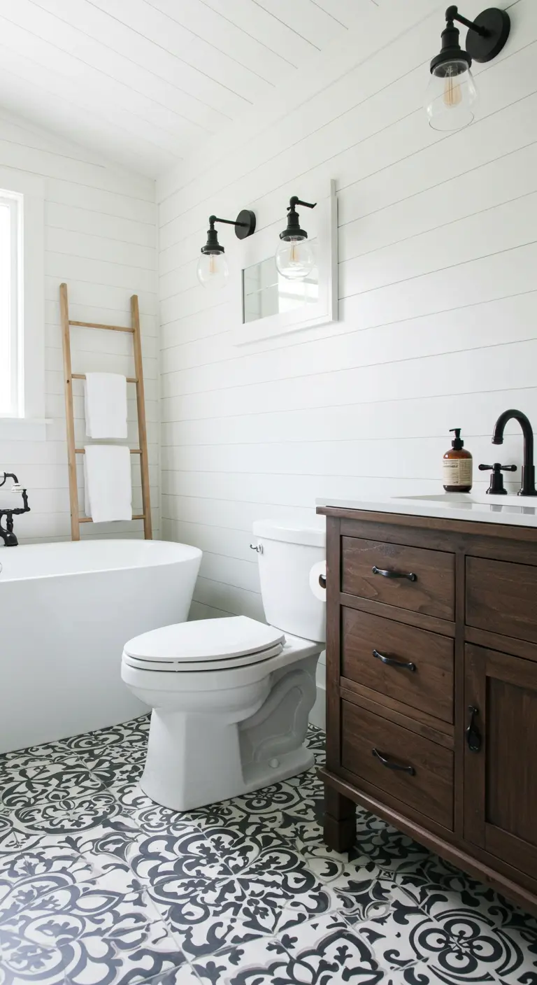 Badkamer met wit toilet, grafische zwart-witte tegelvloer en witte wanden.