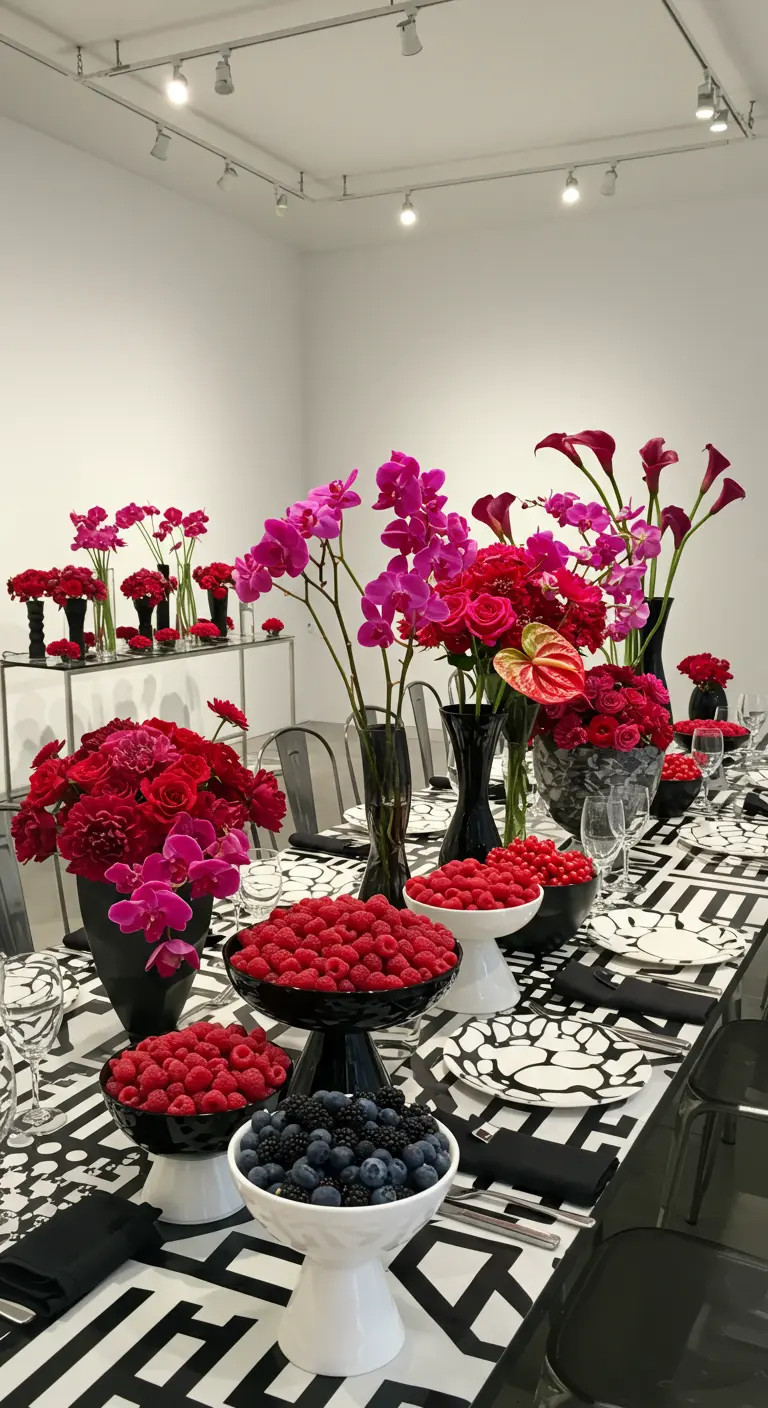 Moderne tafel met zwart-wit patroon, fuchsia bloemen en schalen met bessen.