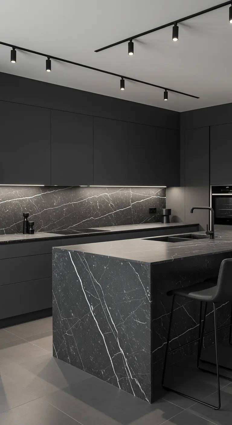 Moderne donkergrijze keuken met zwart marmeren werkblad en eiland met witte aders.