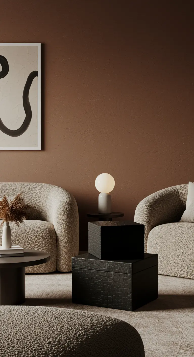 Moderne woonkamer met bouclé banken, bruine muur en zwarte leren boxen als salontafel.