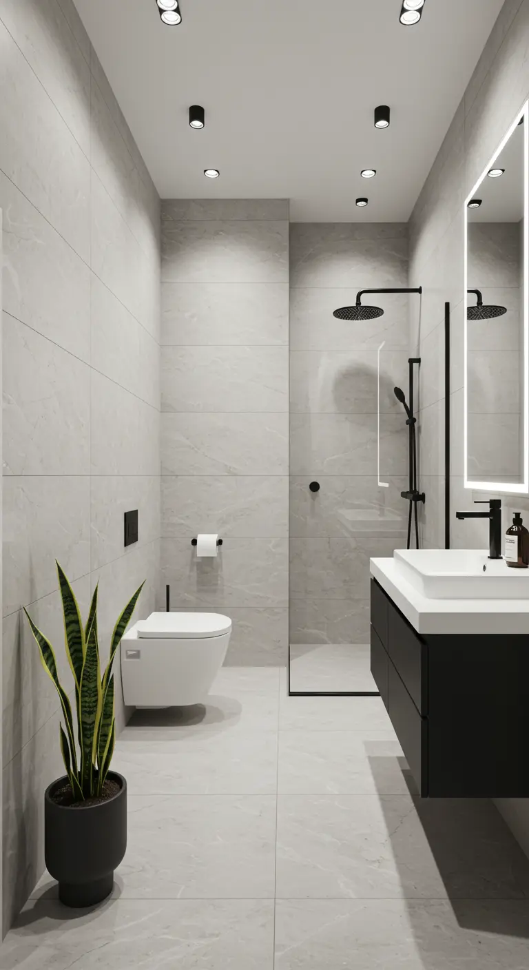 Moderne badkamer met lichte tegels, zwarte accenten en een groene plant.