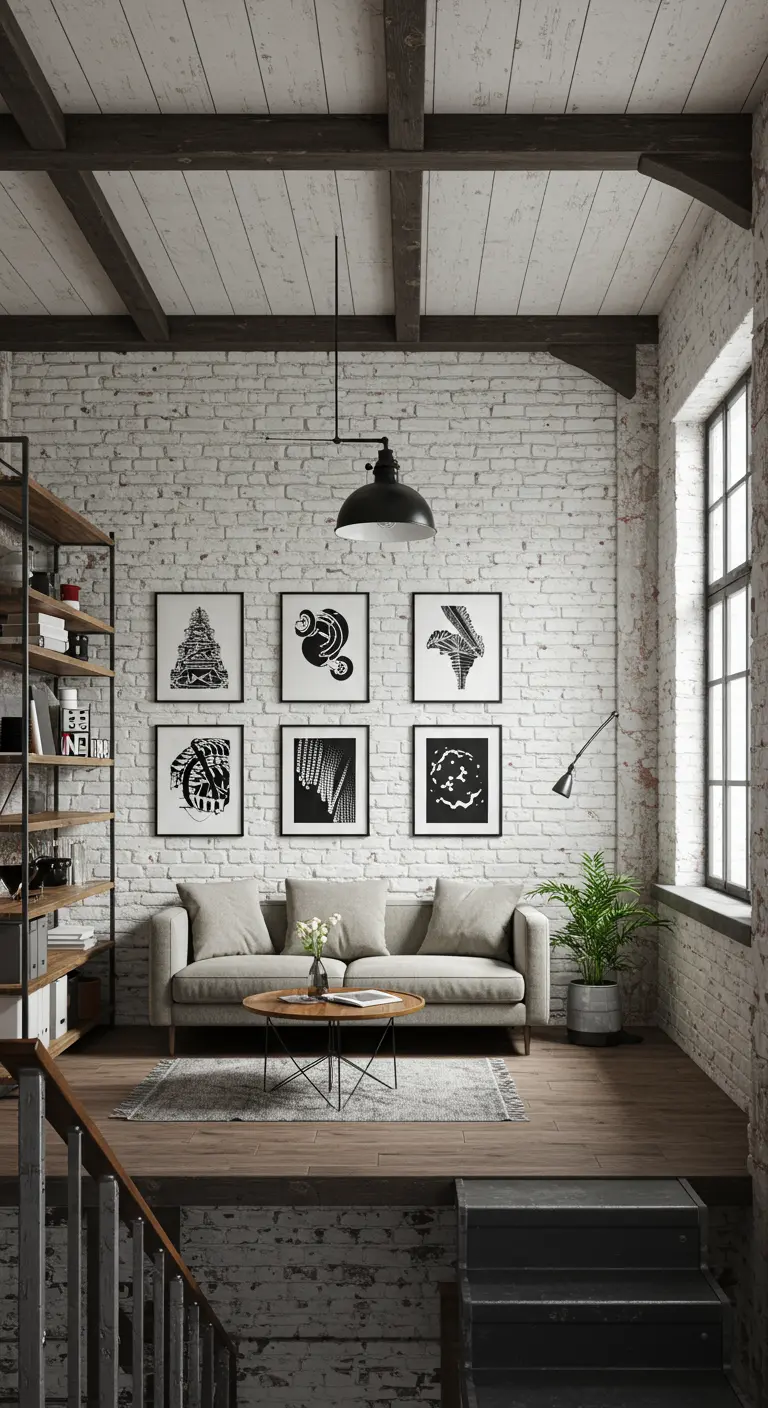 Zes grafische zwart-wit prints in twee rijen aan een witte bakstenen muur in een loft.