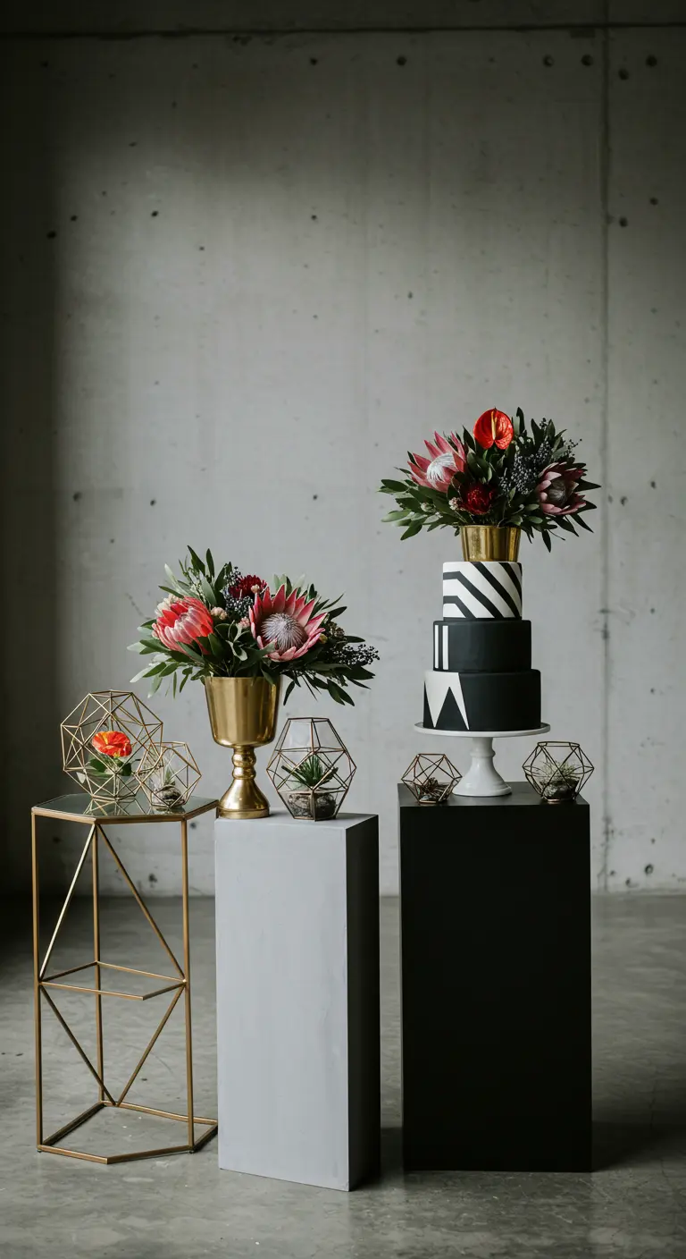 Moderne grafische taarttafel met zwart-witte sokkels, gouden vazen en exotische bloemen.
