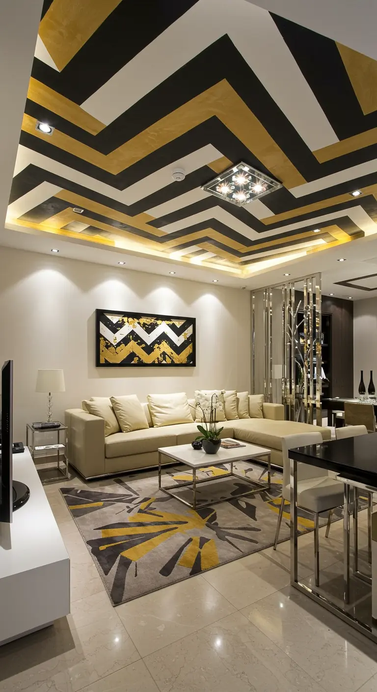 Moderne woonkamer met een opvallend zwart-wit-goud grafisch patroon op het plafond.