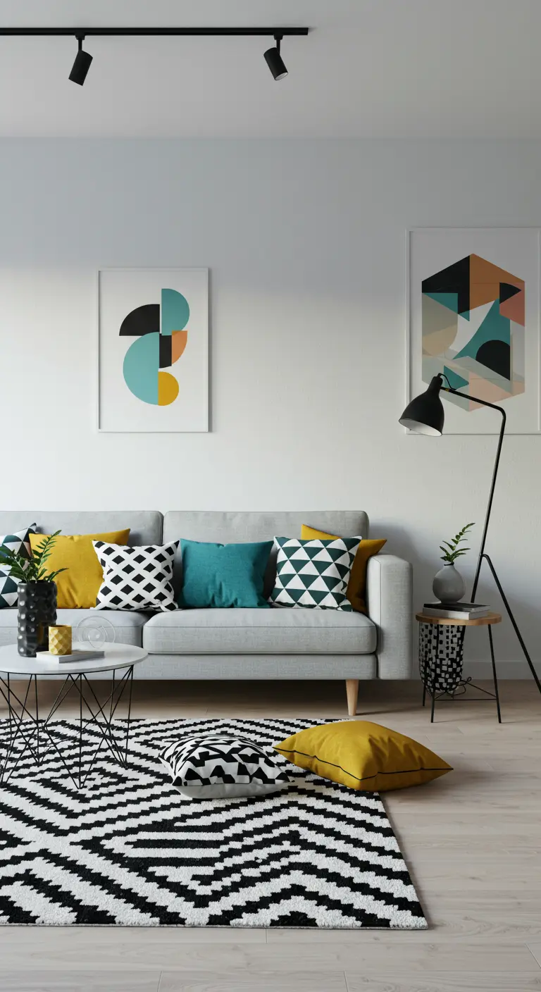 Moderne Scandinavische zithoek met grafisch zwart-wit vloerkleed en gele en blauwe accenten.