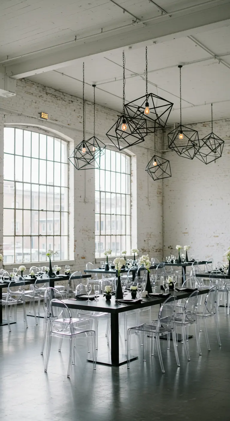 Industriële bruiloftssetting met zwarte tafels, transparante stoelen en geometrische lampen.