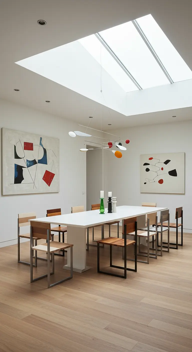 Moderne eetkamer met houten en metalen stoelen, witte tafel en abstracte kunst aan de muur.