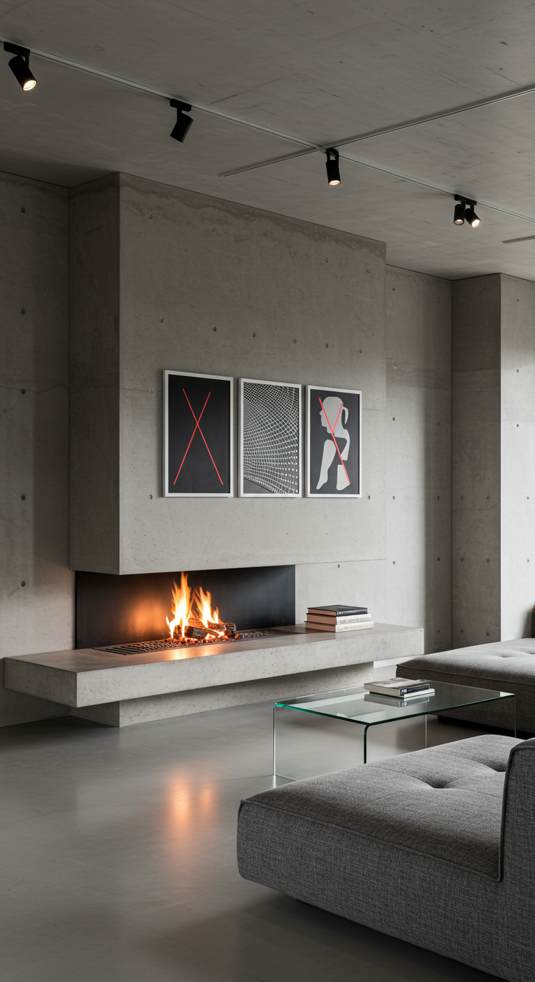Moderne betonnen open haard met drie kleine, grafische kunstwerken erboven.