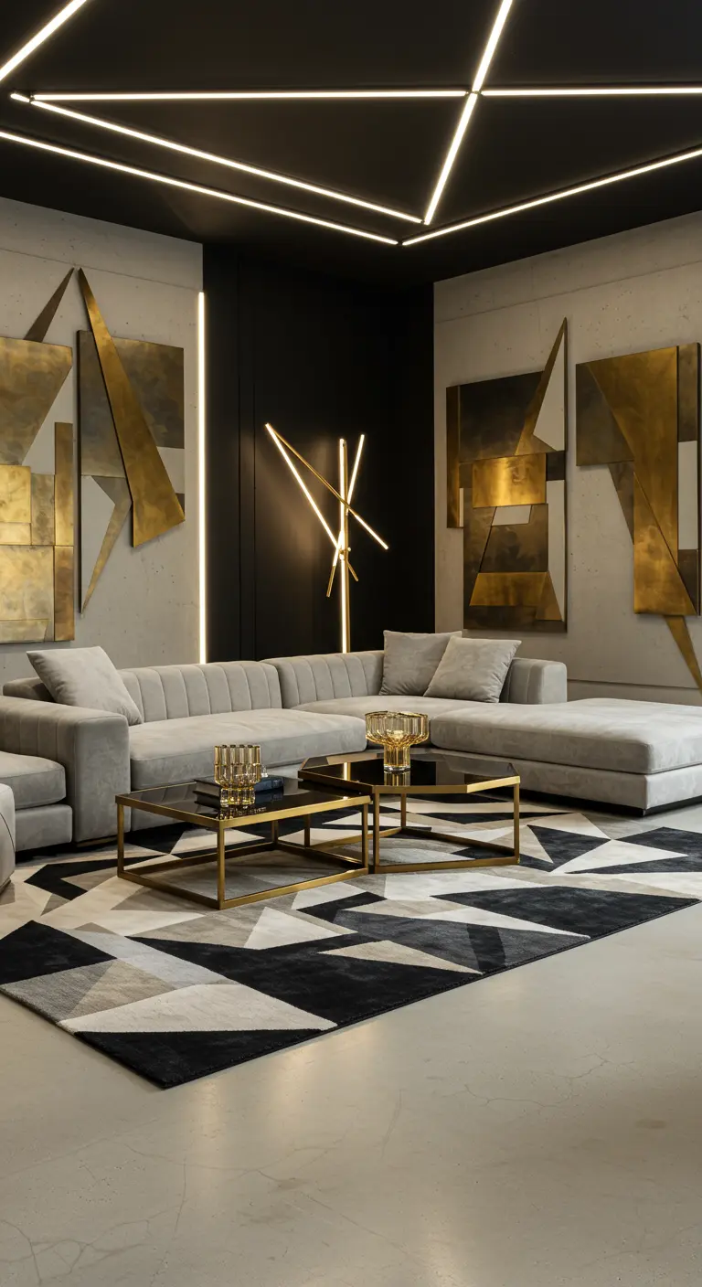 Moderne Art Deco woonkamer met abstracte kunst, lineaire verlichting en geometrisch vloerkleed.