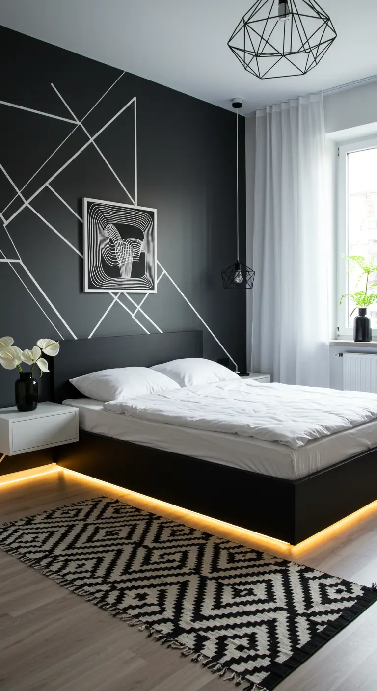 Zwarte slaapkamermuur met witte lijnen, bed met LED en grafisch vloerkleed.