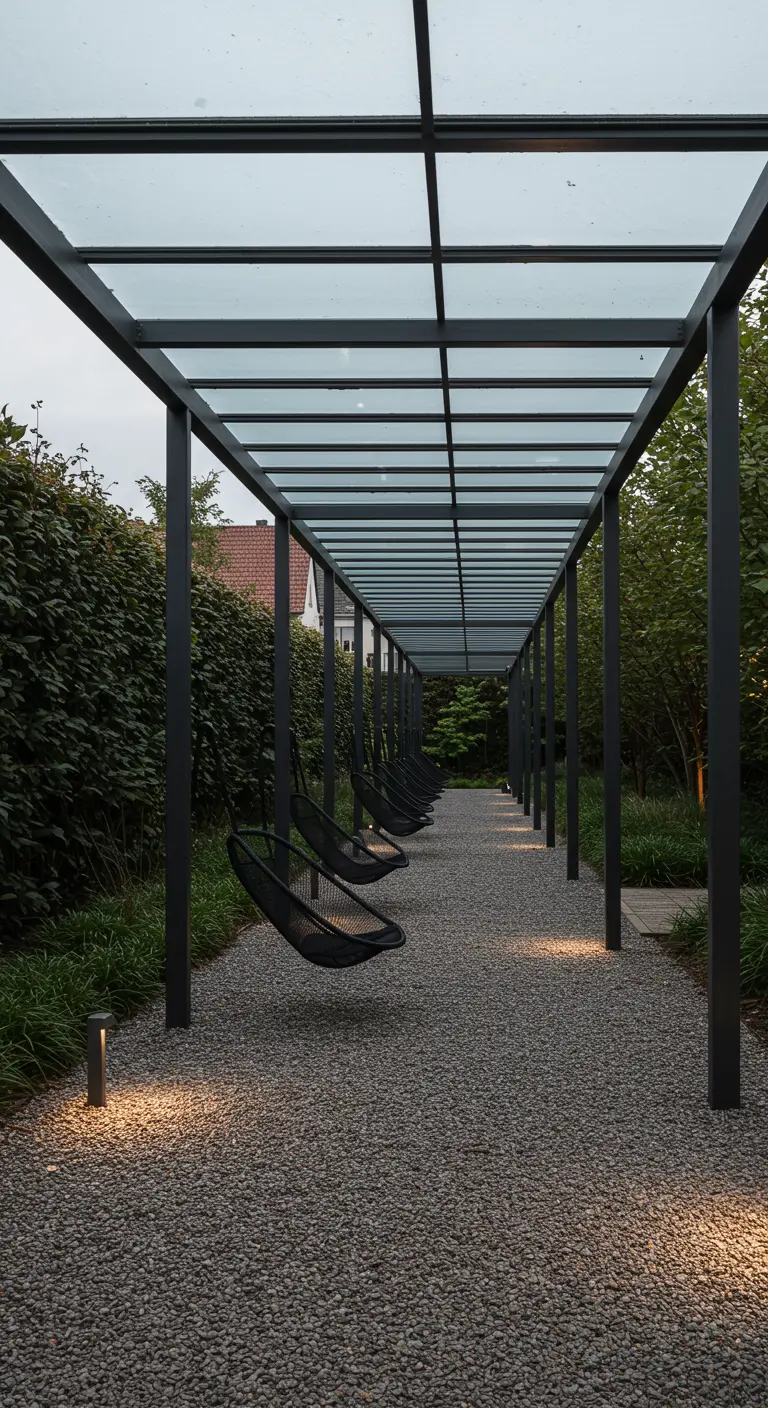 Rij zwarte hangstoelen onder lange smalle glazen pergola boven grindpad met tuinverlichting.