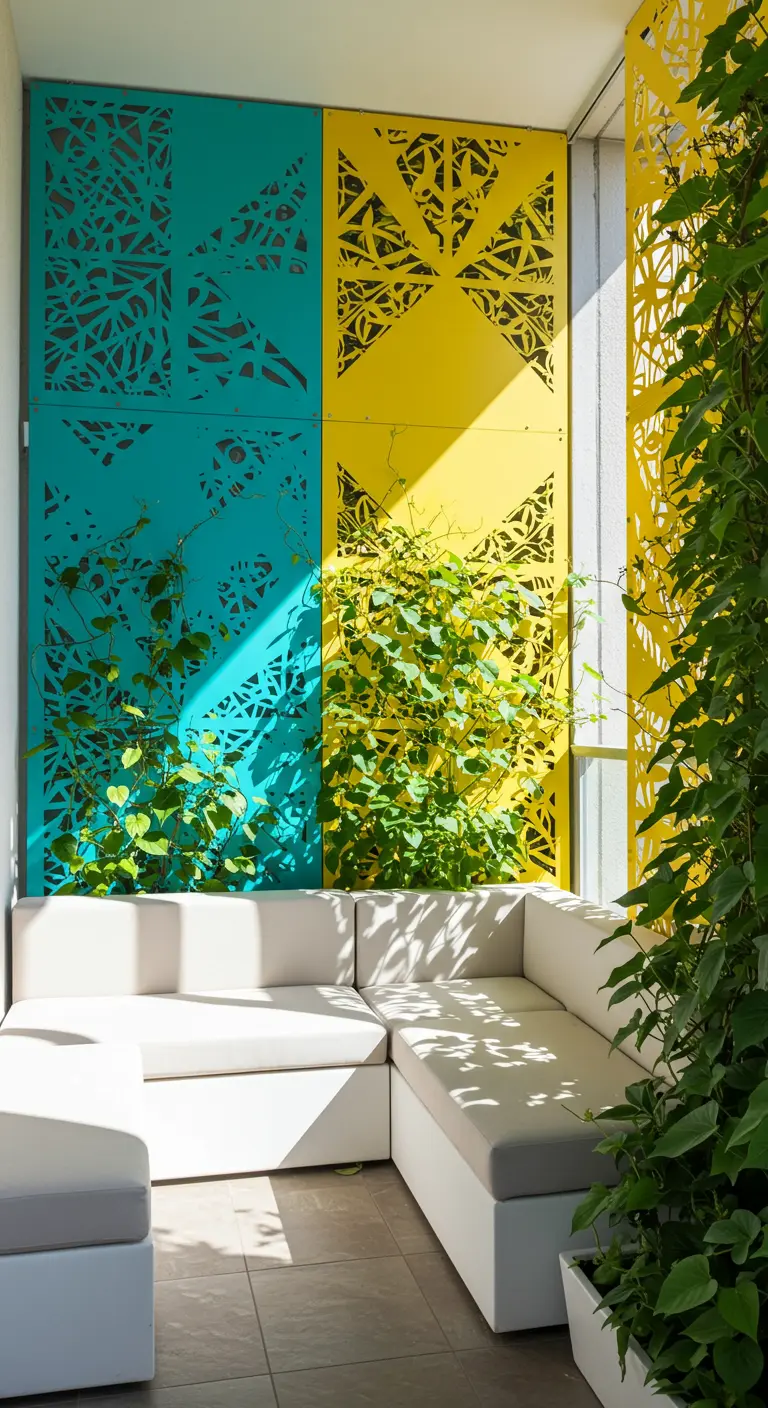 Moderne witte loungebank voor gekleurde panelen met grafische uitsnedes waar klimplanten doorheen groeien.