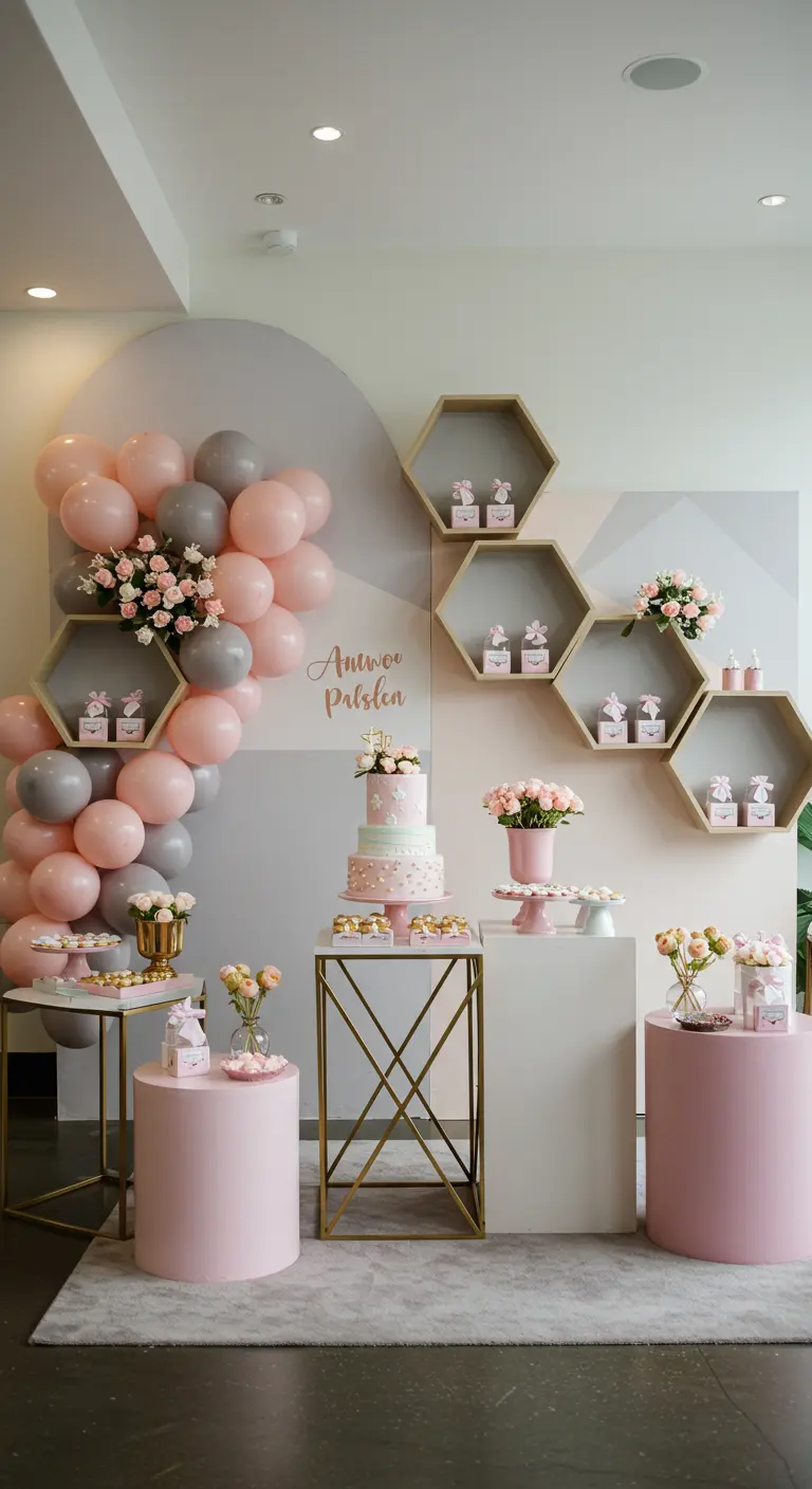 Moderne babyshower met roze en grijze ballonnen en hexagonale wandplanken.