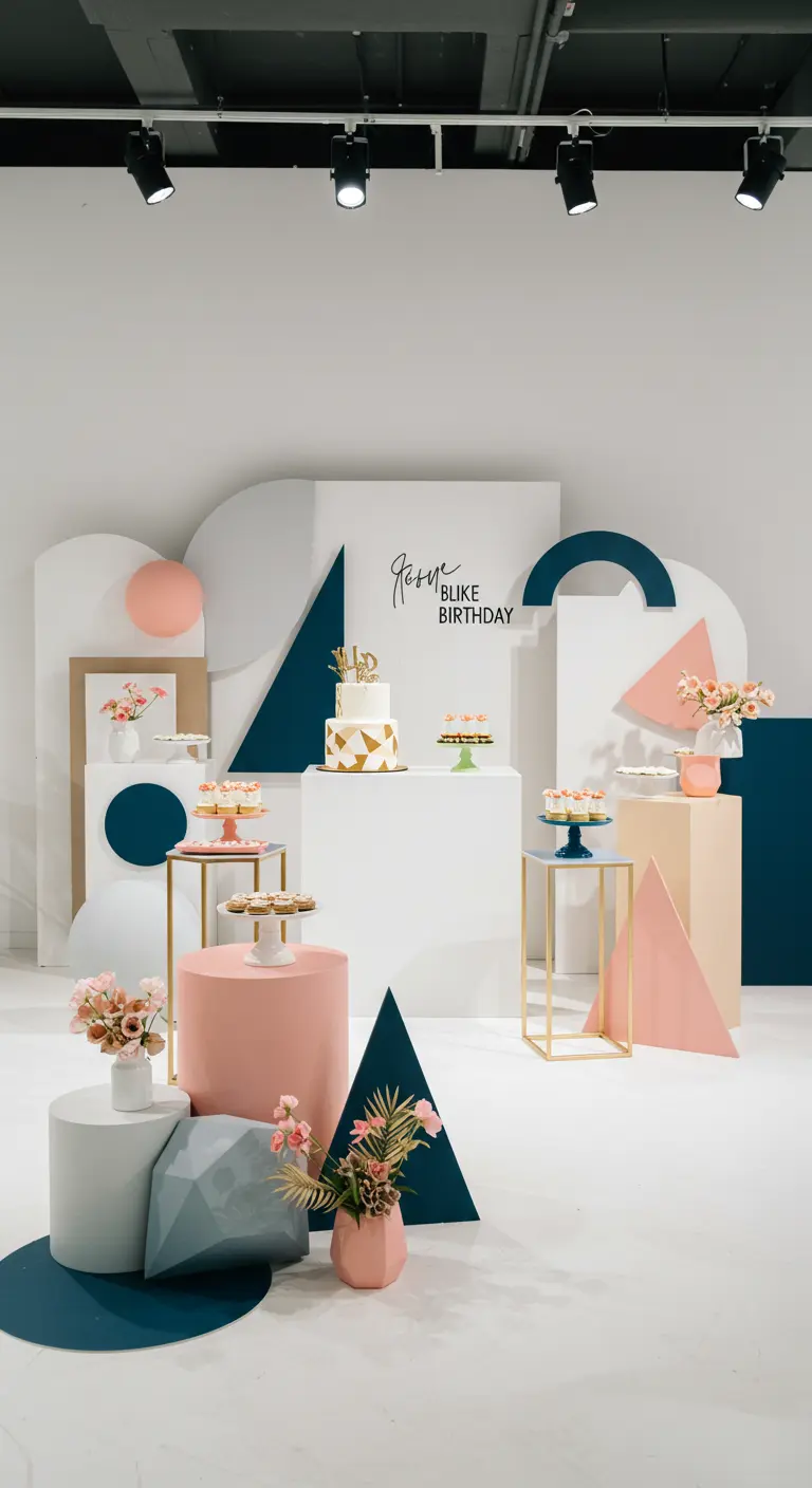 Moderne geometrische feeststyling met pastelkleuren, goud en diverse vormen.