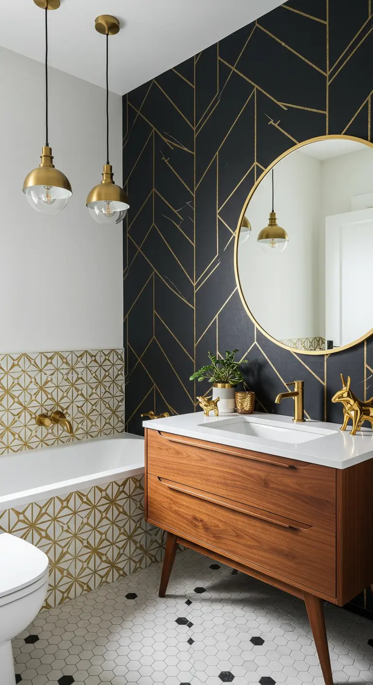 Badkamer met zwart-goud geometrisch behang, ronde gouden spiegel en patroontegels.