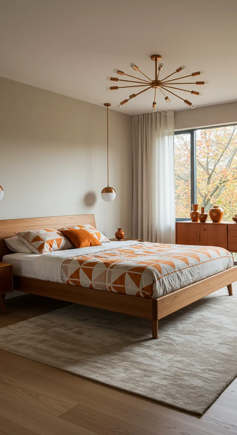 Slaapkamer met grafisch beddengoed, sputnik plafondlamp, koperen vazen en houten meubels.