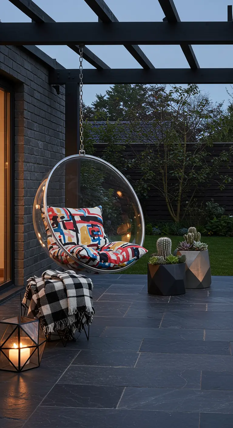 Transparante 'bubble' hangstoel met kleurrijk grafisch kussen en zwart-wit geblokt plaid.