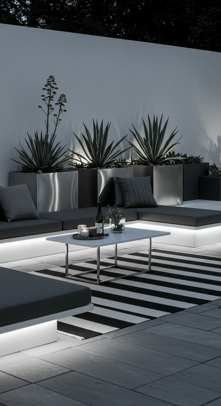 Moderne tuin met RVS plantenbakken, gestreept tapijt en LED-verlichting.