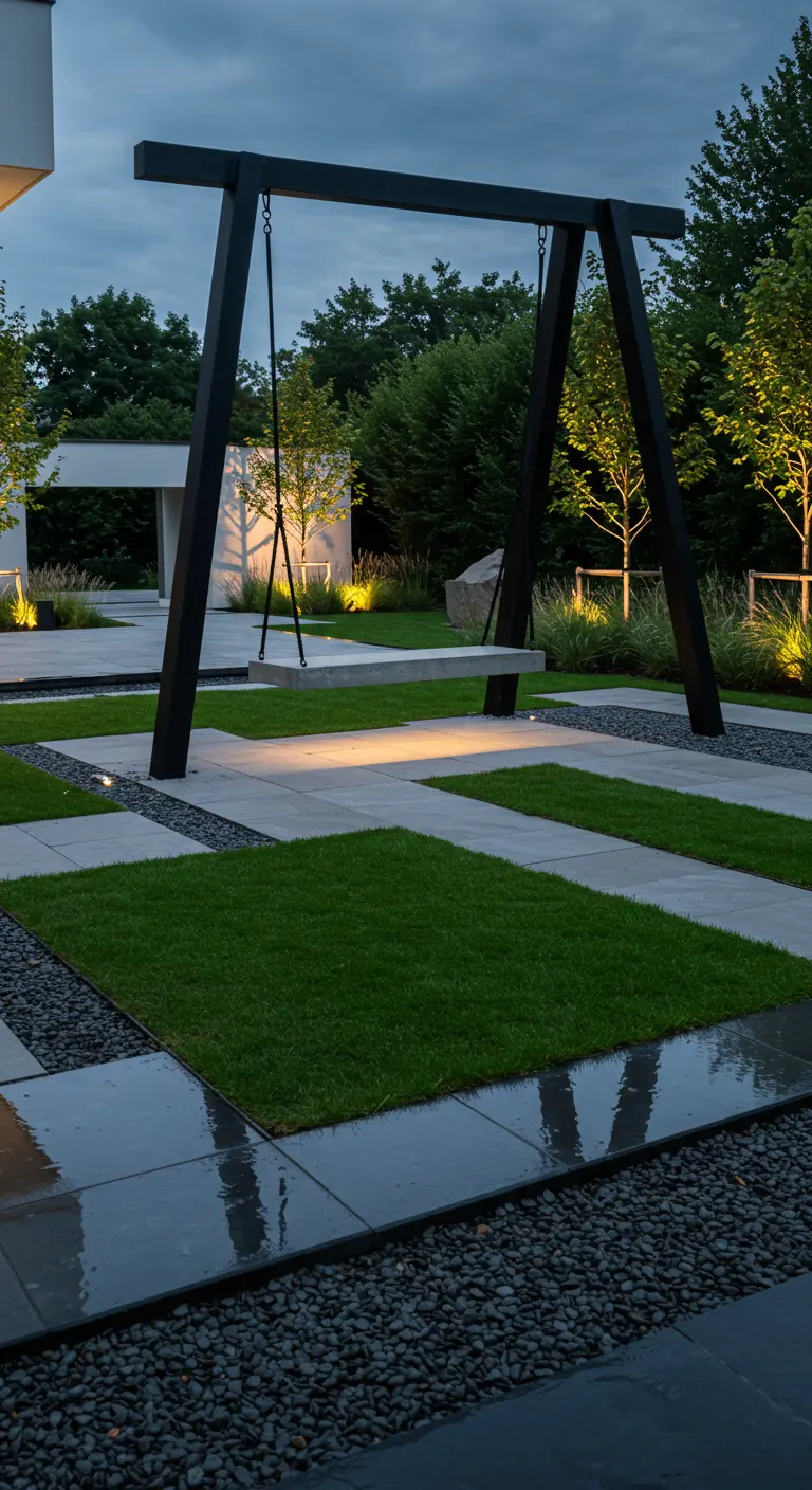 Strakke, moderne schommel met zwart frame en lichte zitting bij een spiegelende waterpartij.