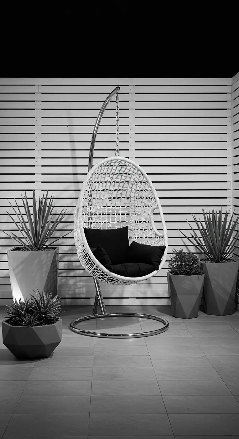 Witte eivormige hangstoel met zwart kussen voor witte lattenwand.