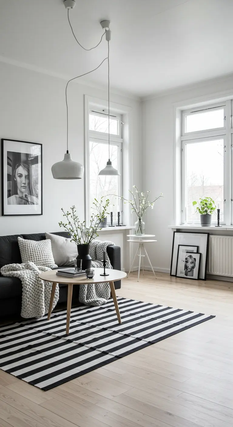 Lichte woonkamer met donkergrijze bank, gestreept zwart-wit vloerkleed en witte hanglampen.