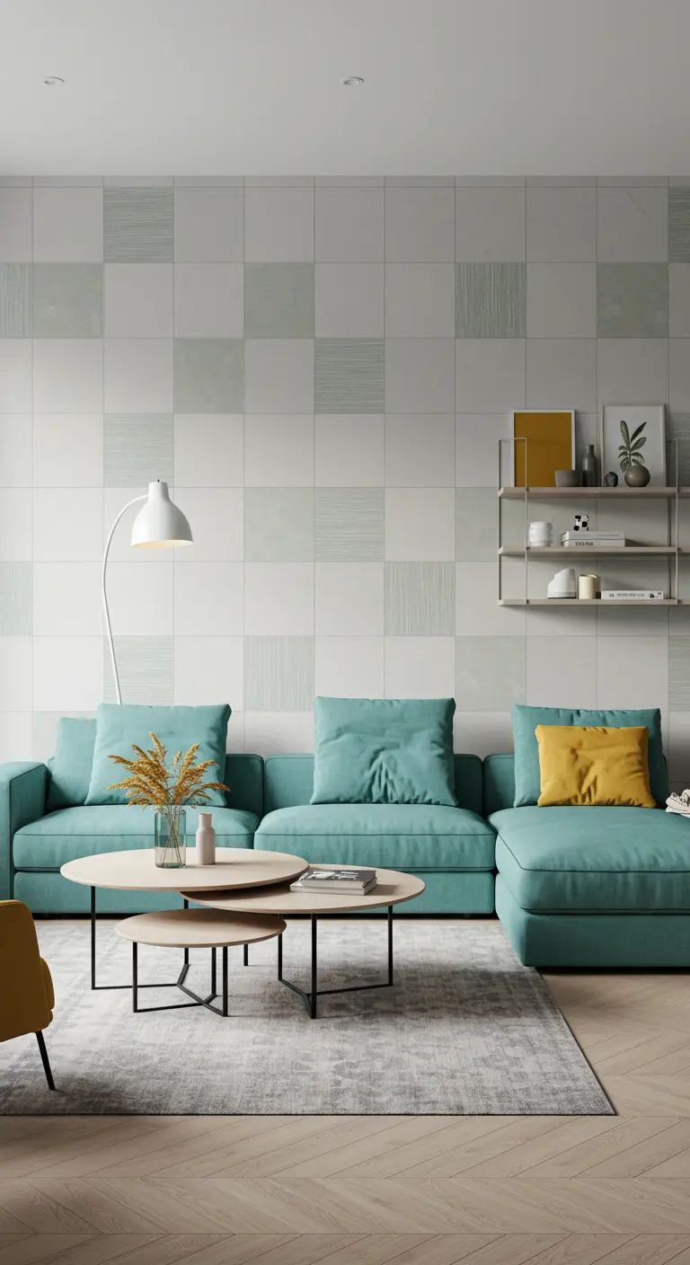 Moderne woonkamer met turquoise bank en een wand met vierkante prints met textuur.