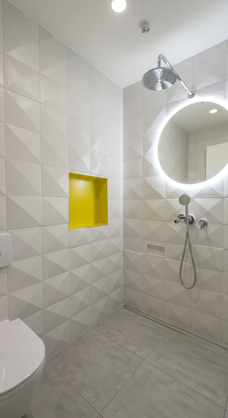 Witte badkamer met 3D geometrische tegels en een felgele ingebouwde nis.