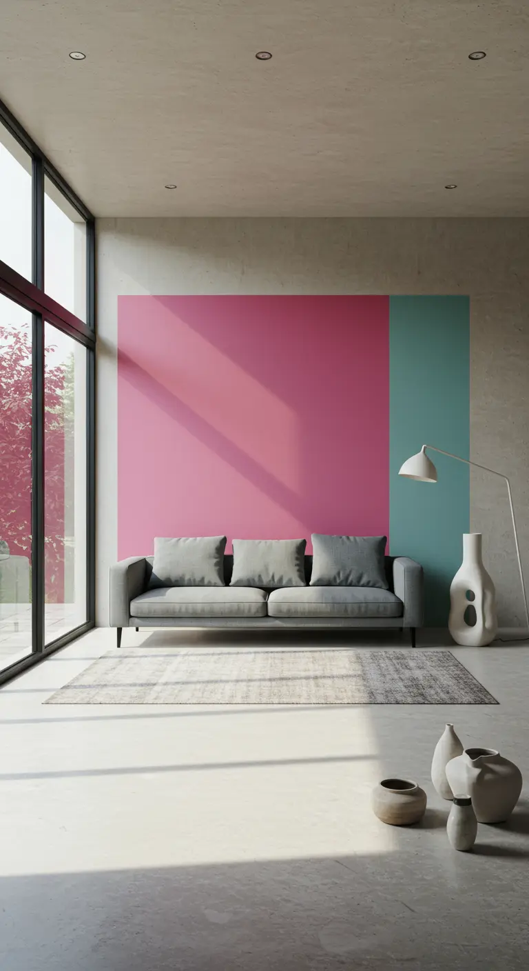 Woonkamer met muur in roze en mintgroen kleurblokken achter een grijze bank.