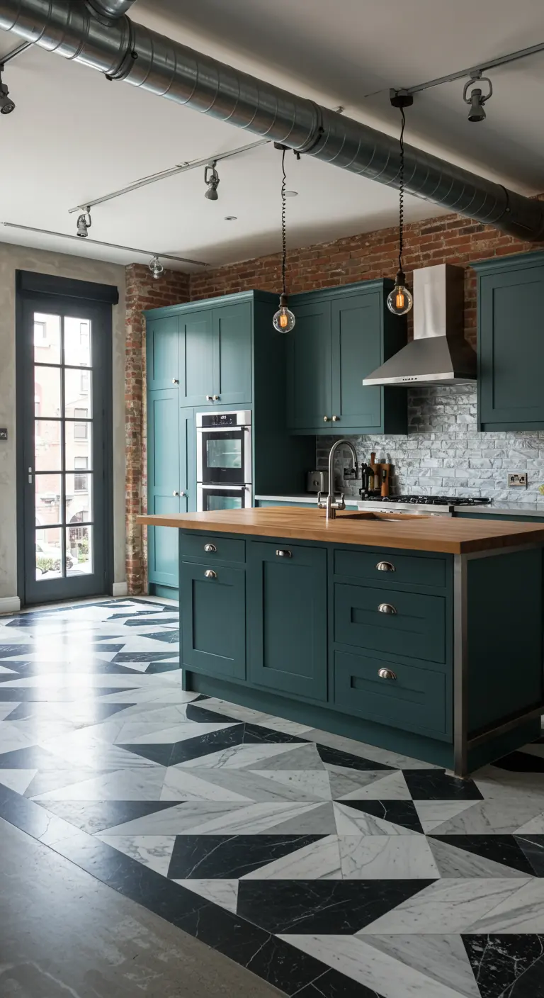 Industriële keuken met donkergroene kasten en een opvallende marmeren vloer in geometrisch patroon.