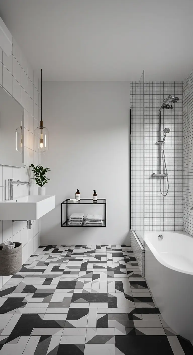 Badkamer met grafische zwart-wit-grijze vloertegels en witte wandtegels.