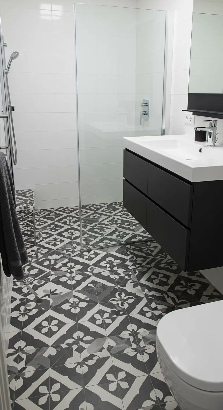 Badkamer met zwart-wit grafische patroontegels en een donker zwevend wastafelmeubel.